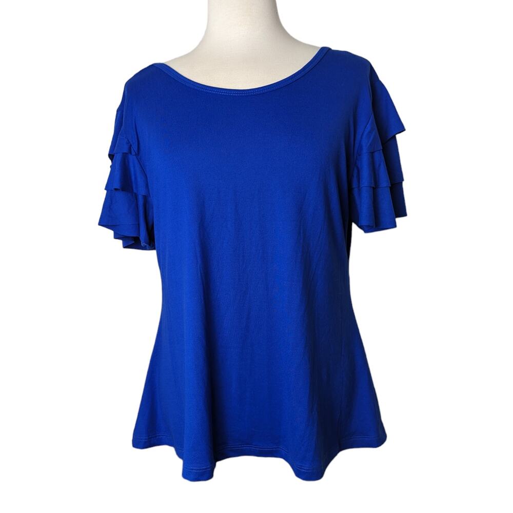 Love Nation Blue Super Soft Ruffle Short Sleeve Criss Cross Back Blouse Size XL